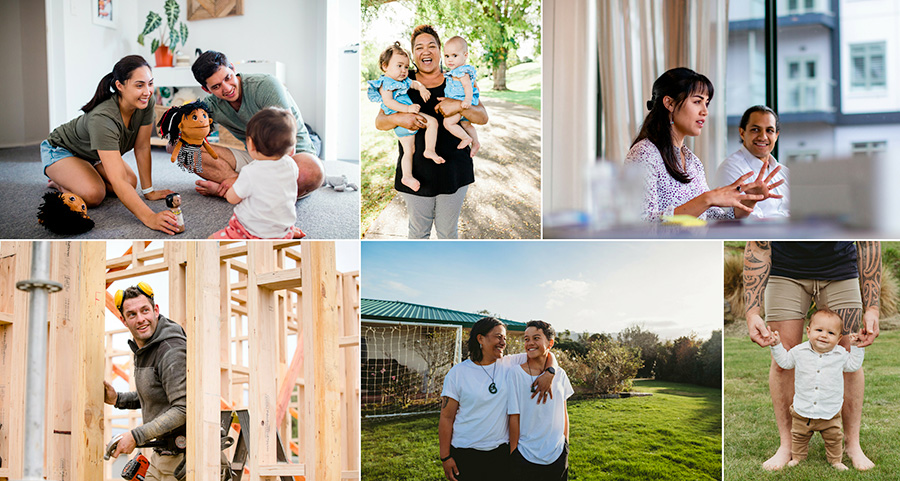 Six images of New Zealanders in different work and lifestyle settings.