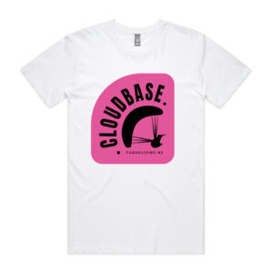 A white t-shirt with the Cloudbase Paragliging logo in Kōtukutuku Fuchsia.