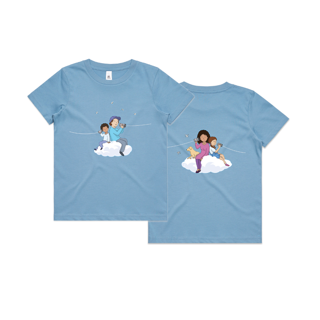 A blue t-shirt with an illustration of people sitting on clouds holding tin can telephones. The Phone strings run off the sides of the shirt as if to connect the people on the front and the back.