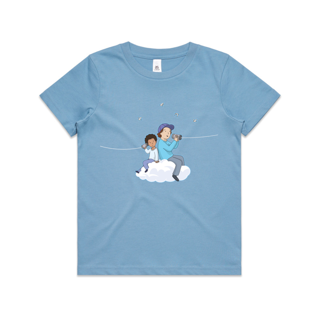 The front of a blue t-shirt with an illustration of a boy and a man sitting on a cloud holding tin can telephones. The Phone strings run off the sides of the shirt.