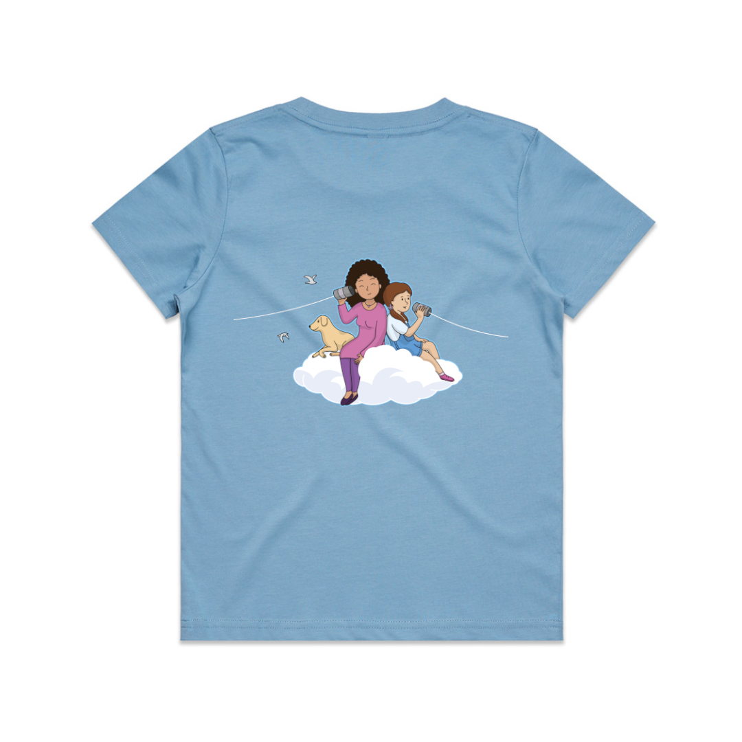 The back of a blue t-shirt with an illustration of a girl and a woman sitting on a cloud holding tin can telephones. The Phone strings run off the sides of the shirt.
