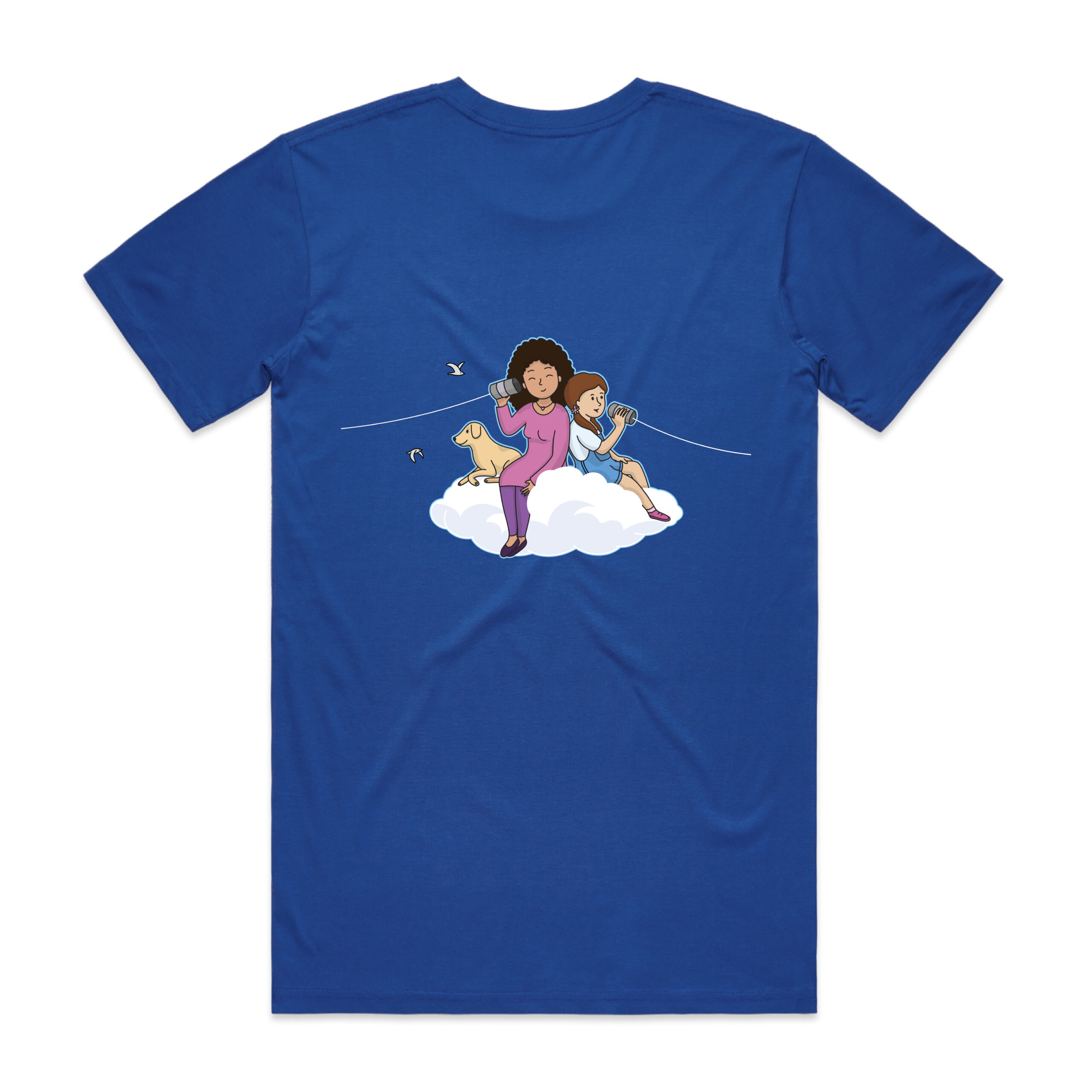 The back of a blue t-shirt with an illustration of a girl and a woman sitting on a cloud holding tin can telephones. The Phone strings run off the sides of the shirt.