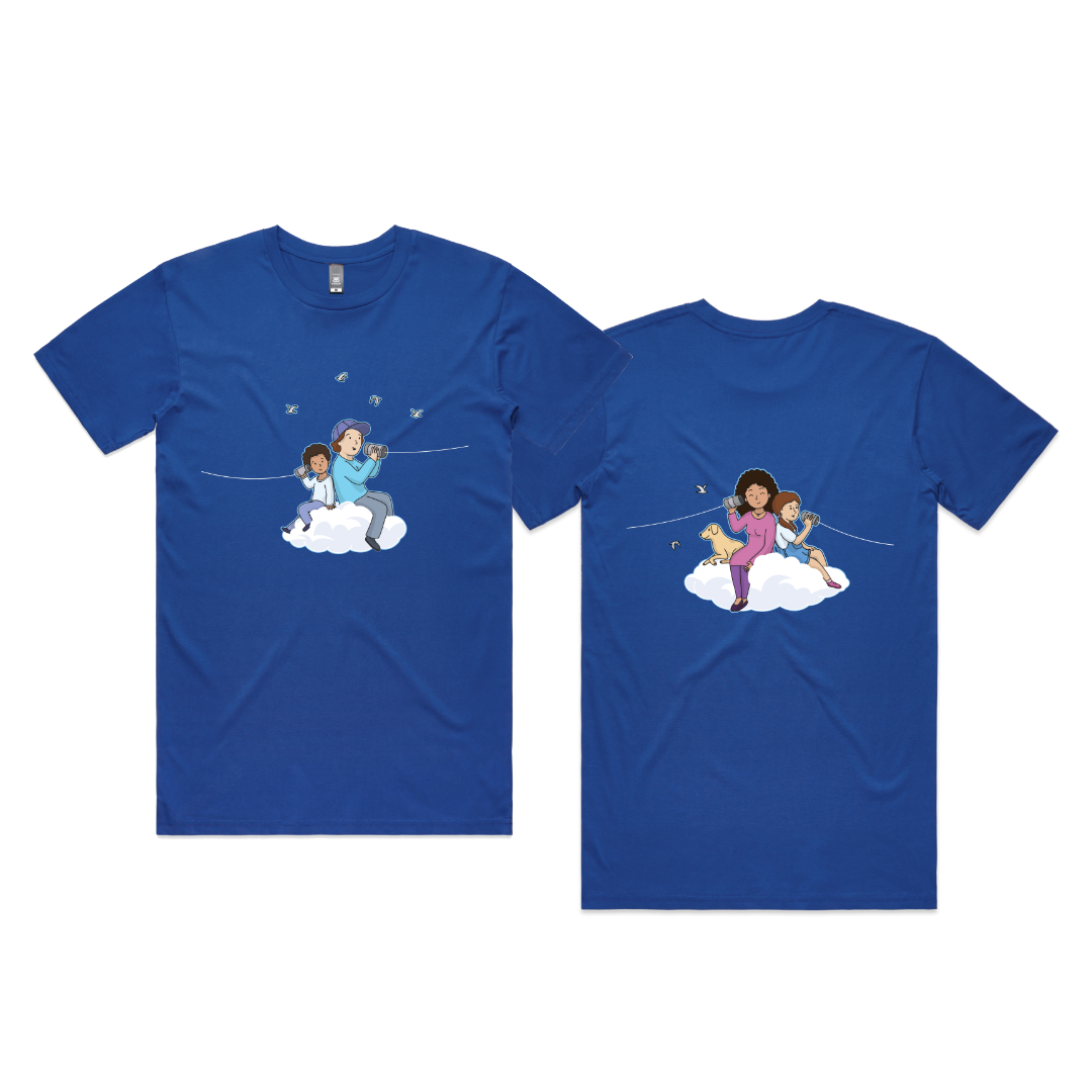 The front and back of a blue shirt featuring people talking to each other on tin can telephones.