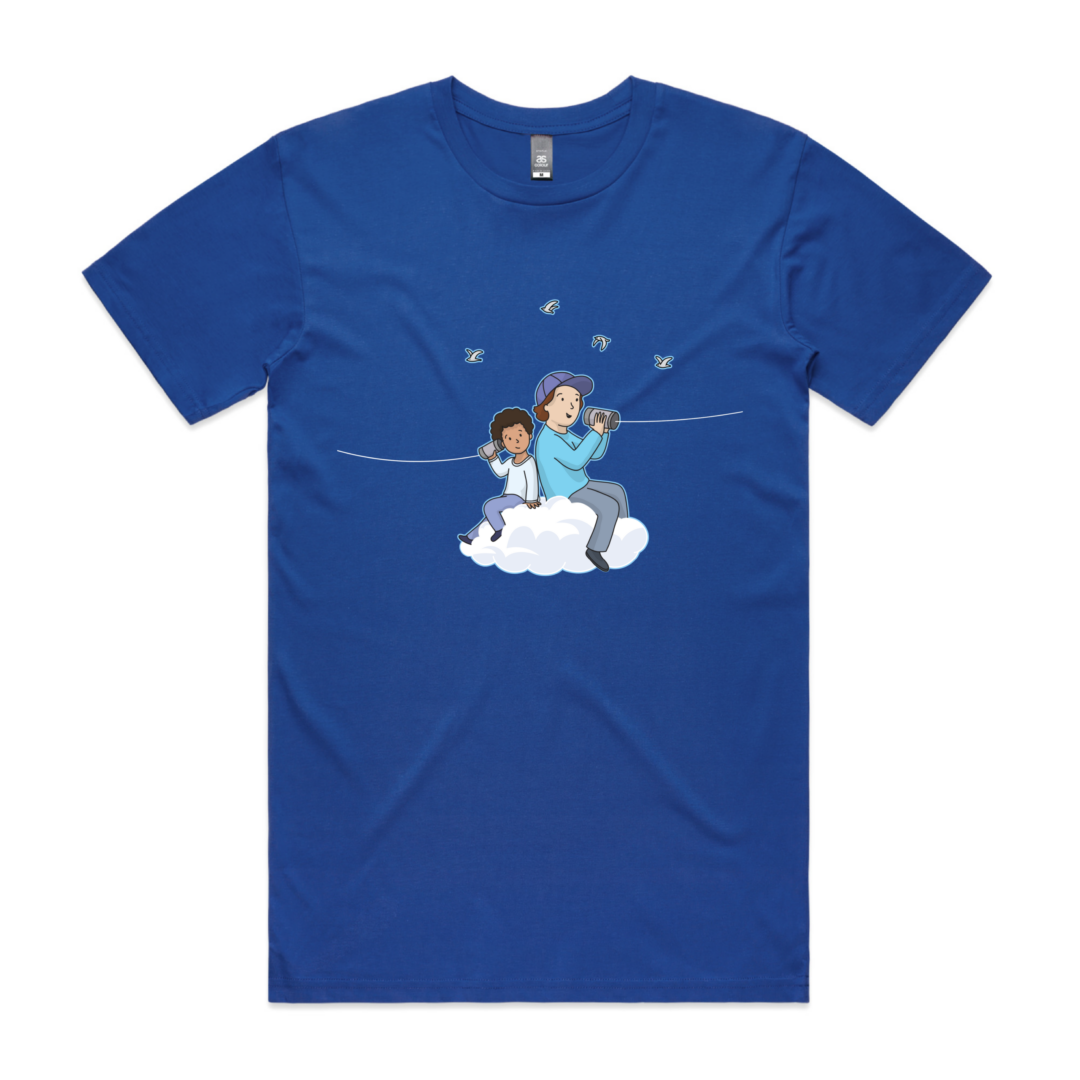 The front of a blue t-shirt with an illustration of a boy and a man sitting on a cloud holding tin can telephones. The Phone strings run off the sides of the shirt.