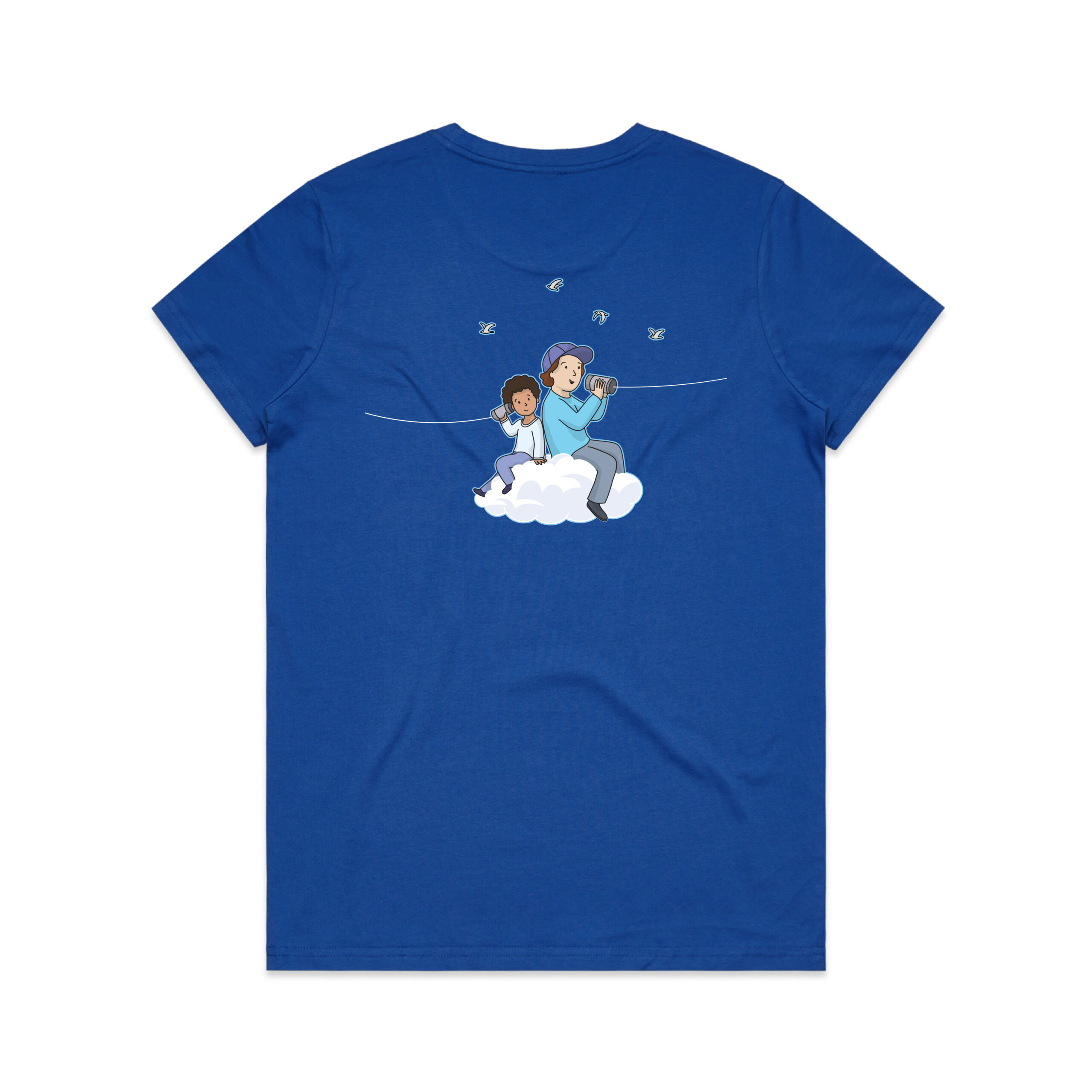 The back of a blue t-shirt with an illustration of a boy and a man sitting on a cloud holding tin can telephones. The Phone strings run off the sides of the shirt.