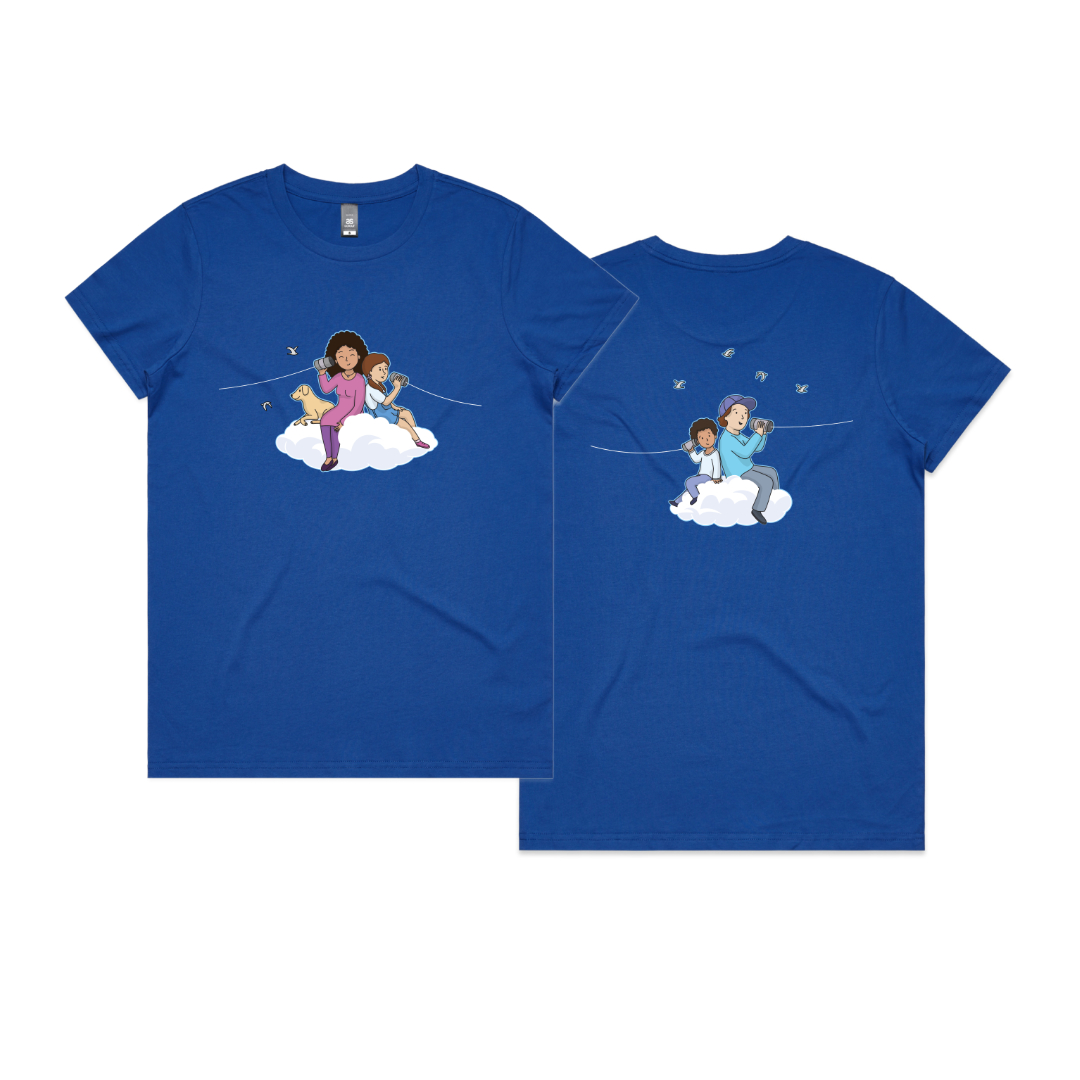 The front and back of a blue shirt featuring people talking to each other on tin can telephones.