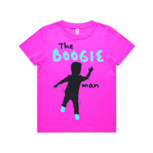 A pink t-shirt featuring the silhouette of a kid dancing with blue shoes on, and the words "The Boogie Man"