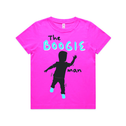 A pink t-shirt featuring the silhouette of a kid dancing with blue shoes on, and the words "The Boogie Man"