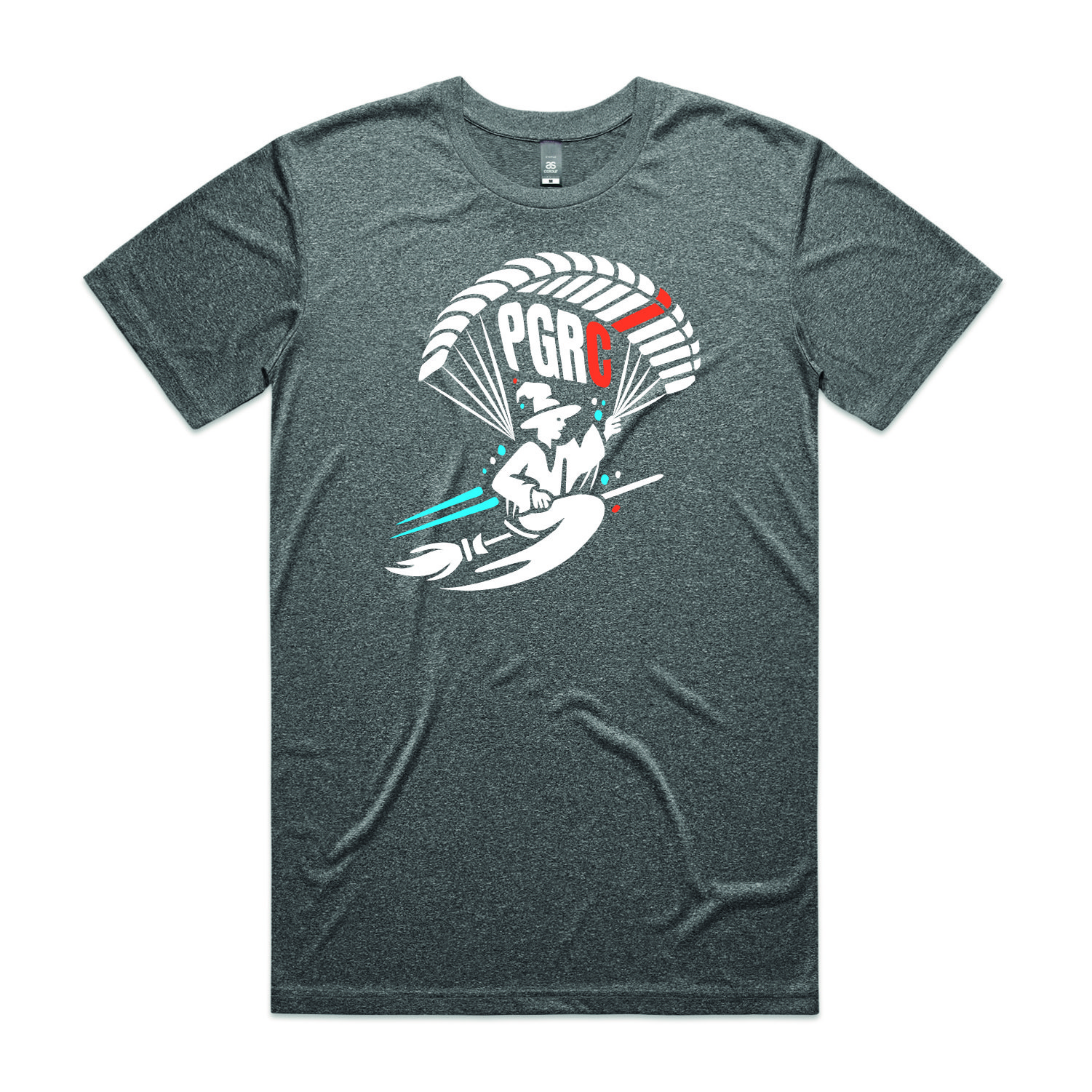 Grey t-shirt featuring an image of a witch flying on a broomstick with a paragliding wing, and the letters PGRC (Paragliding Rookies Club)